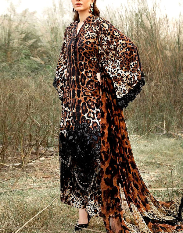 All-Over Leopard Print Embroidered Lawn Dress with Chiffon Dupatta