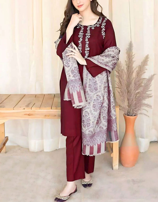 Trendy Embroidered Lawn Dress with Printed Lawn Dupatta