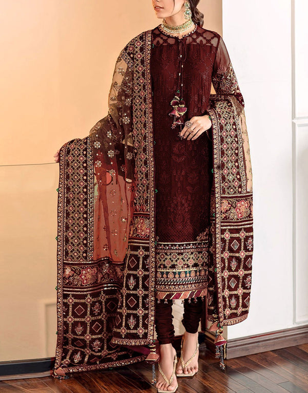 Heavy Sequins Embroidered Maroon Cotton Dress with Printed Diamond Dupatta