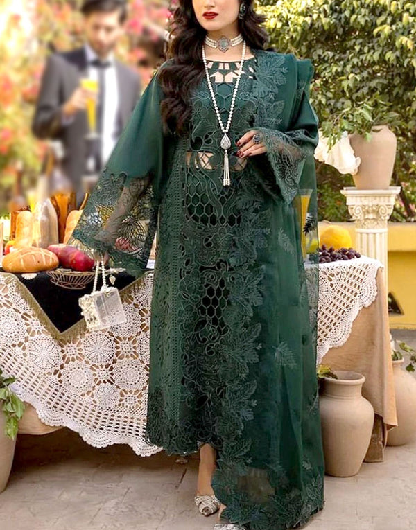 Luxury Embroidered with Elegant Cutwork Green Cotton Lawn Dress with Emb. Organza Dupatta