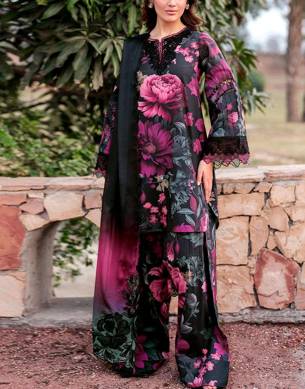 All-Over Print Sequins Embroidered Black Lawn Dress with 4-Side Emb. Chiffon Dupatta