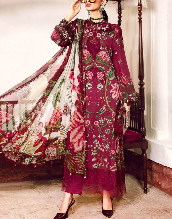 All-Over Floral Print Embroidered Maroon Lawn Dress for EID and Formal Party Wear