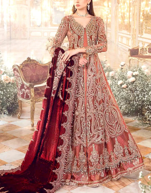 Luxurious Intricate Embroidered Rust Orange Net Maxi Dress – Perfect for Parties & Weddings