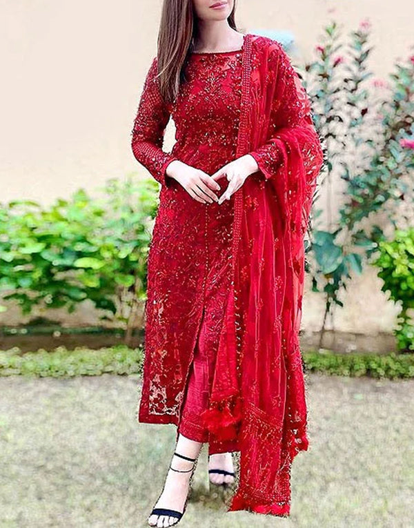Luxury Embroidered Red Net Formal Dress