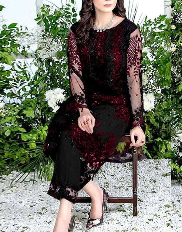 2-Piece Fancy Embroidered Black Net Party Wear Dress
