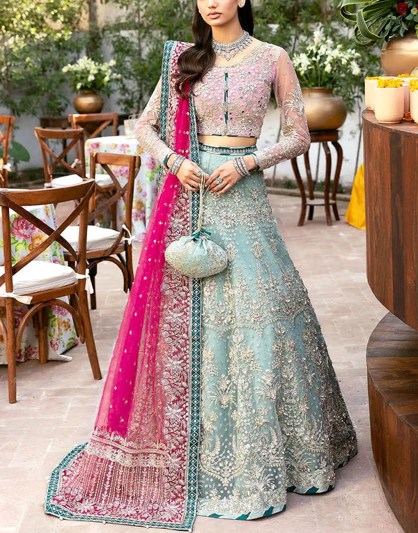 Glamorous Embroidered Ice Blue & Baby Pink Net Bridal Lehenga Choli with Contrast Fuchsia Dupatta