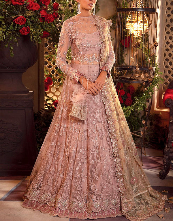 Heavy Embroidered with Hand Embelished Dusty Rose Net Bridal Maxi Dress for Weddings & Parties