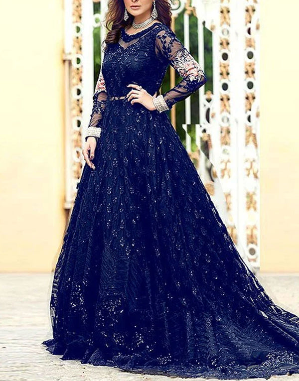 Handwork Heavy Embroidered Navy Blue Net Bridal Maxi Dress