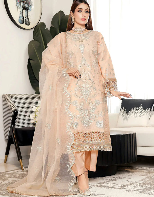 Carnation Semi-Stitched Embroidered Light Peach Aiyudiya Net Organza Dress with Monar Dupatta