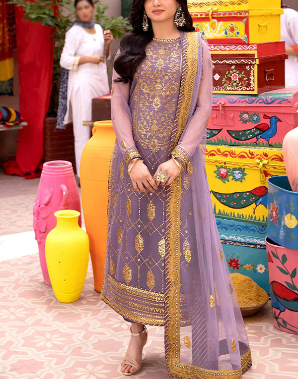 Heavy Embroidered Net Party Wear Dress with Silk Trouser