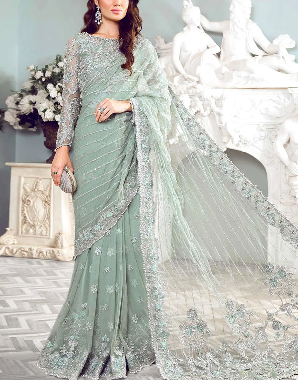 Heavy Embroidered Mint Green NET Saree with Rich Embellishments