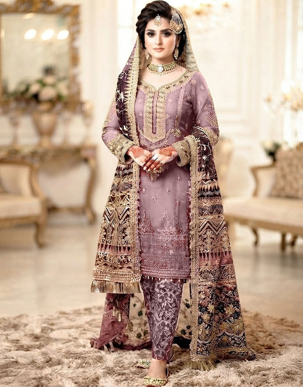 Luxury Embroidered and Hand Embellished Net Wedding Dress with Emb. Net Shawl