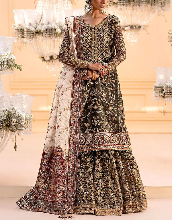 Luxurious Embroidered Black Organza Bridal Sharara Dress featuring Adda‑Work Detailing