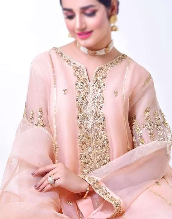 Decent Embroidered Soft Pink Organza Party Dress with Adda Work and Hand‑Embellished Neckline