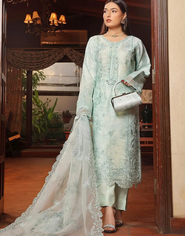 Sharjeena Semi-Stitched Embroidered Mint Green Organza Dress with Free Clutch Bag