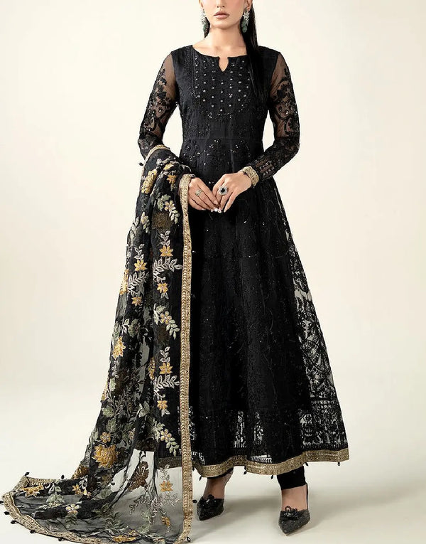 Premium Embroidered with Handwork Black Organza Party Frock for Pakistani Events