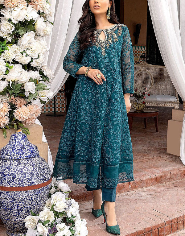 Elegant Embroidered Peacock Blue Organza Wedding Frock for Brides & Formal Occasions
