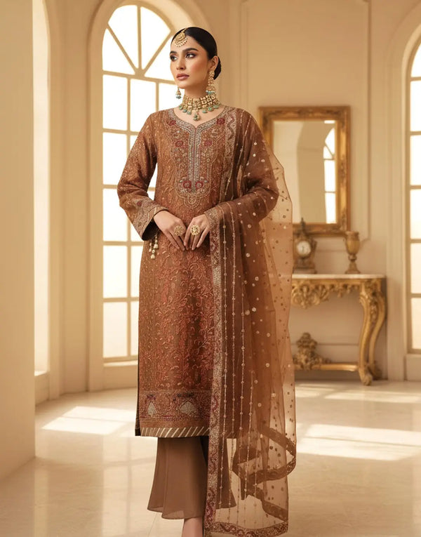 Dhanak Luxury Embroidered Brown Organza Dress with Hand Embellishments