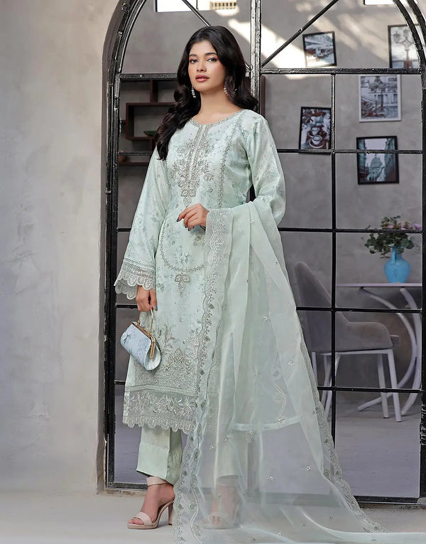 Naaira Semi-Stitched Embroidered Light Green Organza Party Dress with Complimentary Clutch Bag
