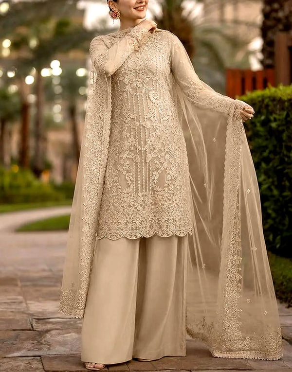 Luxury Embroidered Beige Organza Wedding Dress with Rich Embellishments for Brides & Formal Events