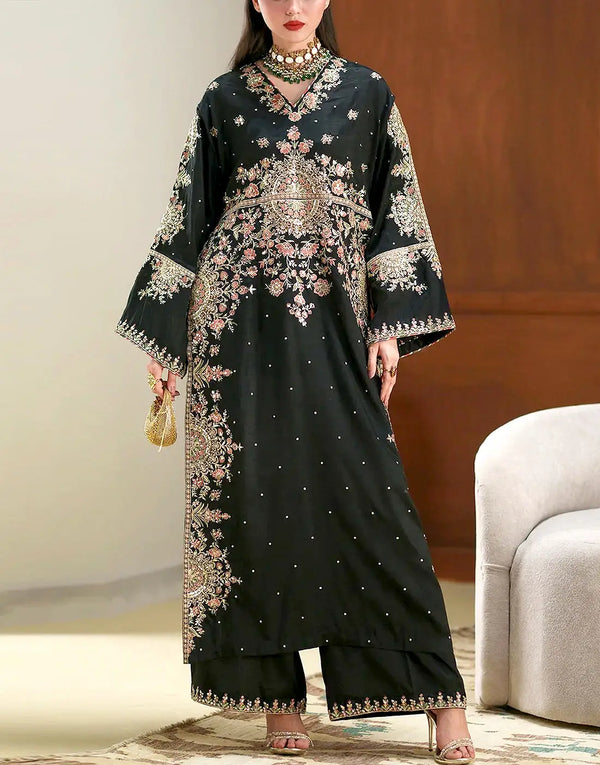 Glamorous Embroidered Black Silk Long Kaftan Dress for Weddings