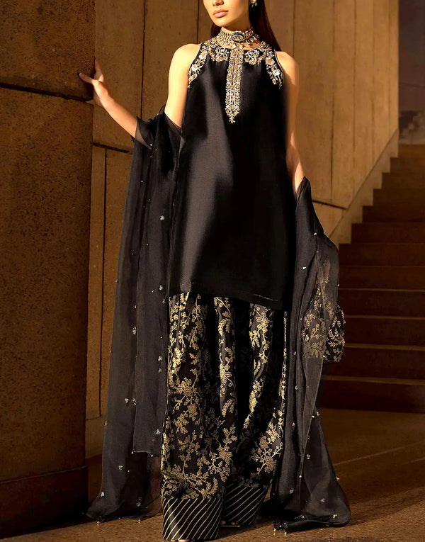 Fancy Embroidered Black Silk Party Dress for Women – Stylish Formal Design