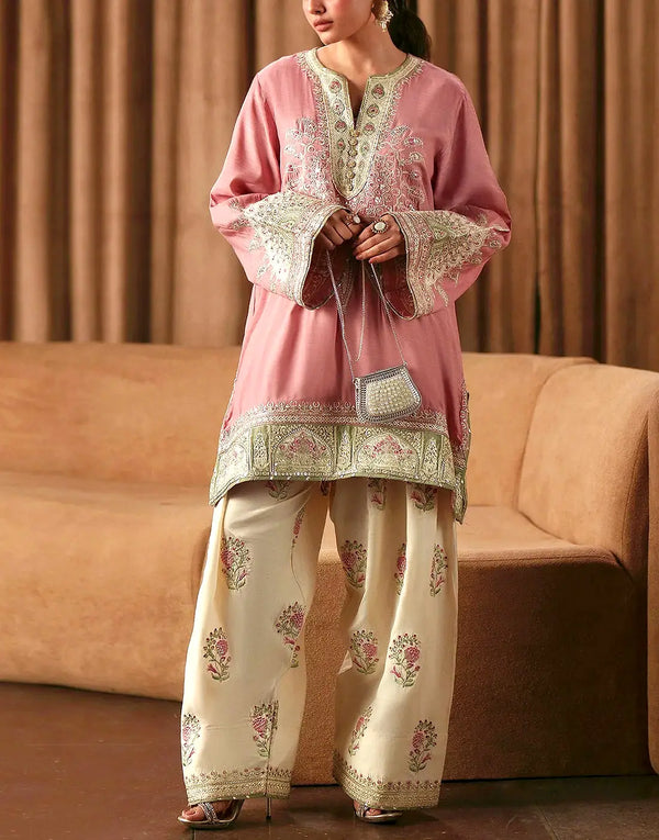 Fancy 2-Piece Embroidered Tea Pink Silk Dress Design for Girls