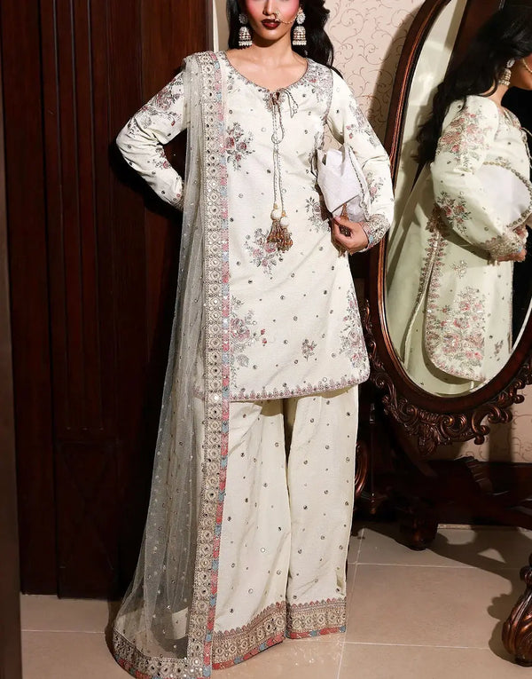Elegant Embroidered Raw Silk Party Wear Dress with Emb. NET Dupatta