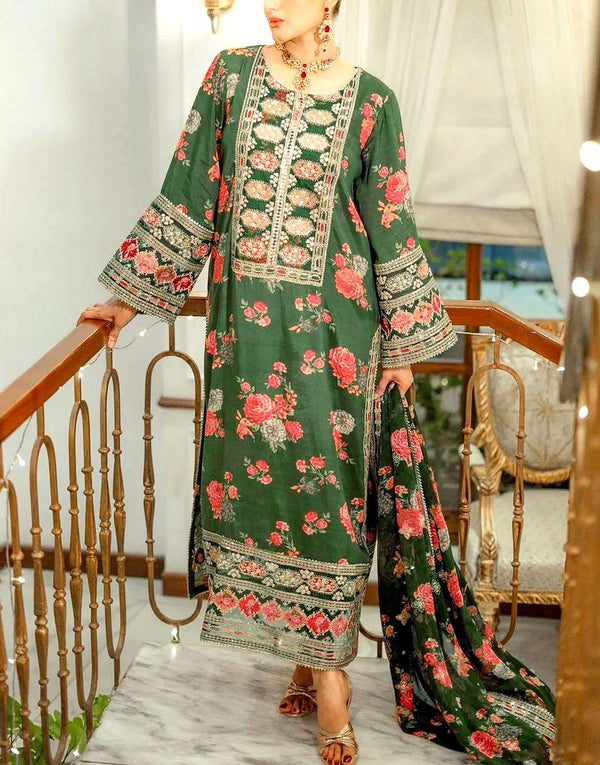 Aneela's Digital Print Embroidered Green Silk Party Wear Dress