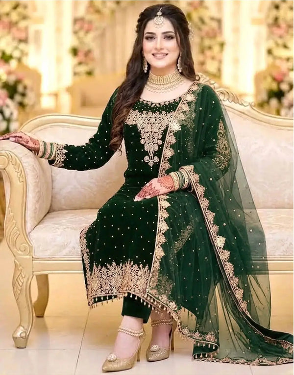 Luxurious Embroidered Bottle Green Velvet Dress with Rich Embellishments