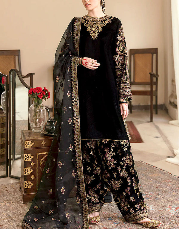 Deluxe Embroidered Black Velvet Dress with Emb. Silk Trouser for Weddings