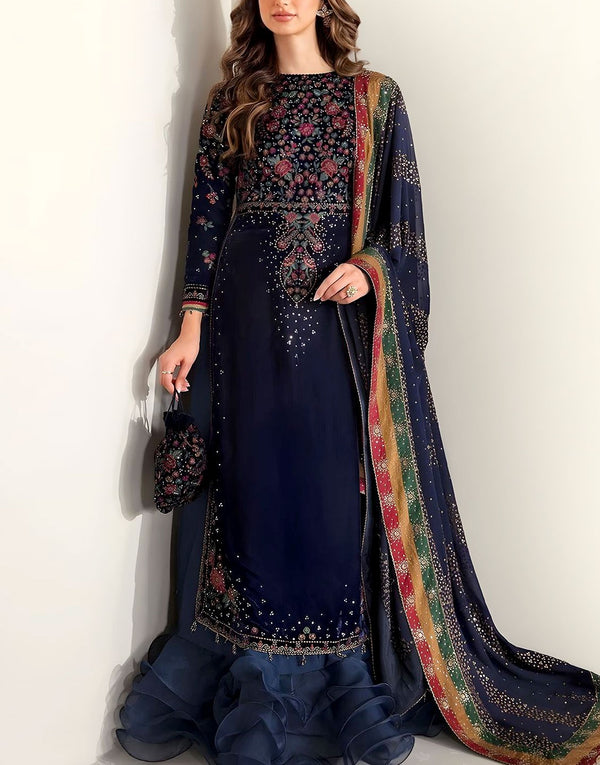 Luxury Heavy Embroidered Navy Blue Velvet Dress with Emb. Chiffon Dupatta