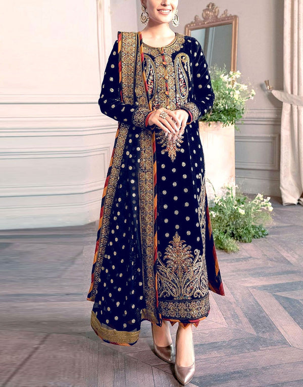 Luxury Heavy Embroidered Navy Blue Velvet Wedding Dress