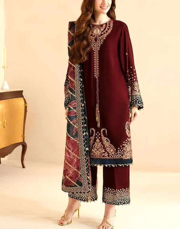 Formal Embroidered Maroon Velvet Dress with Emb. Organza Dupatta