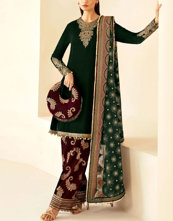 Formal Embroidered Velvet Party Wear Dress with Emb. Silk Trouser