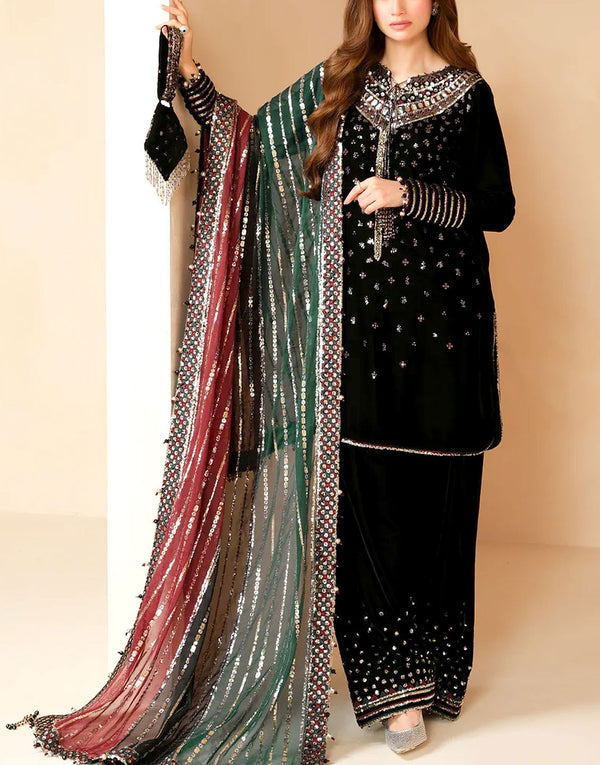 Glam Shine Embroidered Black Velvet Dress with Embroidered Trouser & Multicolor Dupatta
