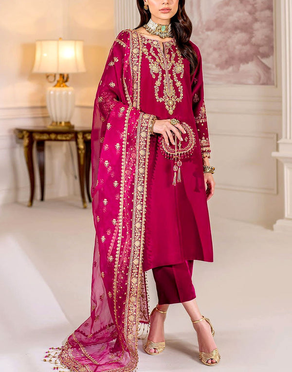 Luxe Embroidered with Handwork Fuchsia Velvet Bridal Dress with Matching Potli Bag