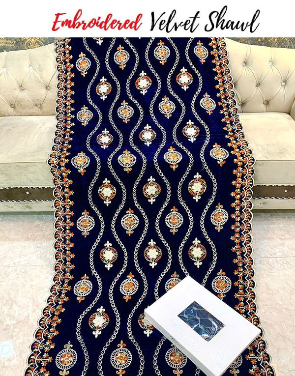 Heavy Embroidered Navy Blue Bridal Velvet Shawl