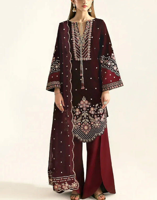 Luxury Embroidered Maroon Velvet Wedding Dress with Heavy Daman Cutwork