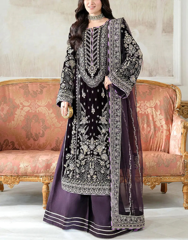 Luxurious Embroidered Royal Purple Velvet Wedding Dress with Rich Embellishments
