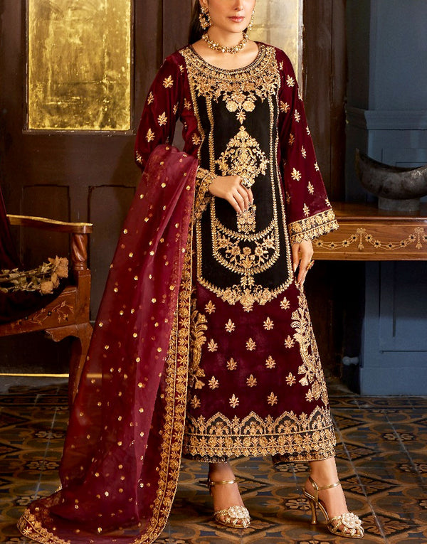 Glamorous Heavy Embroidered Velvet Wedding Dress Design
