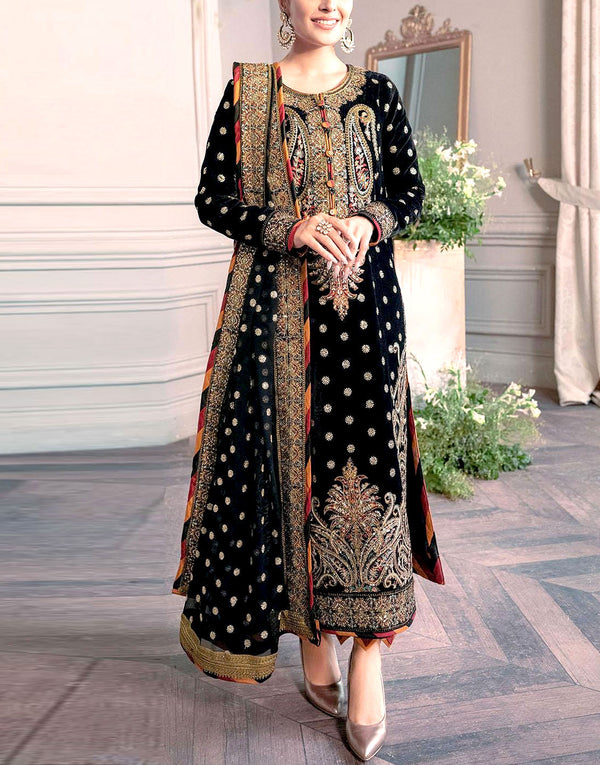 Prestige Heavy Embroidered Black Bridal Velvet Dress for Party & Wedding Wear