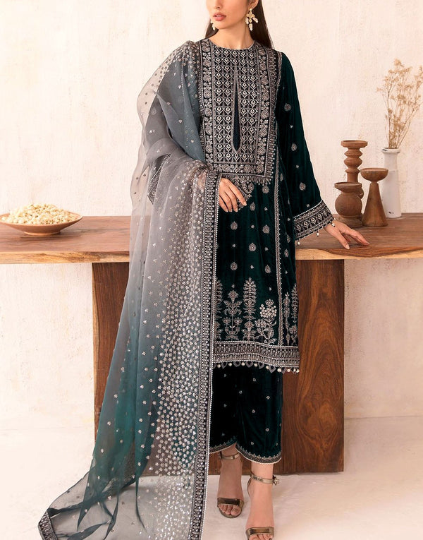 Luxury Heavy Embroidered Velvet Wedding Dress with Emb. Raw Silk Trouser