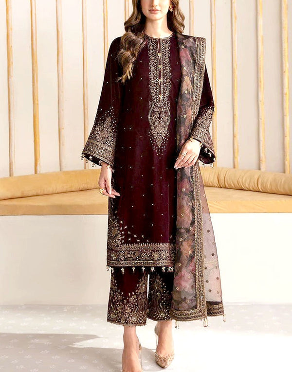 Premium Heavy Embroidered Burgundy Velvet Wedding Dress with Embroidered Silk Trouser