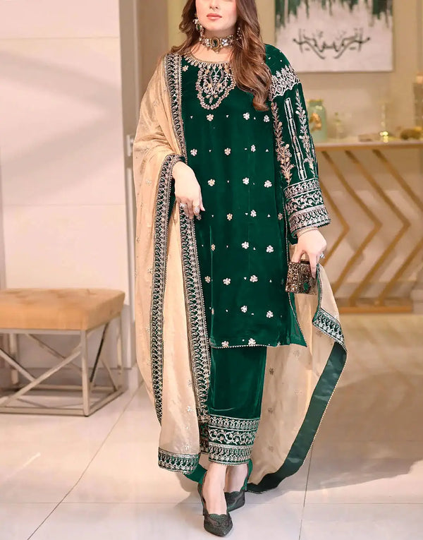 Luxe Embroidered with Handwork Bottle Green Velvet Dress - Perfect for Winter Events