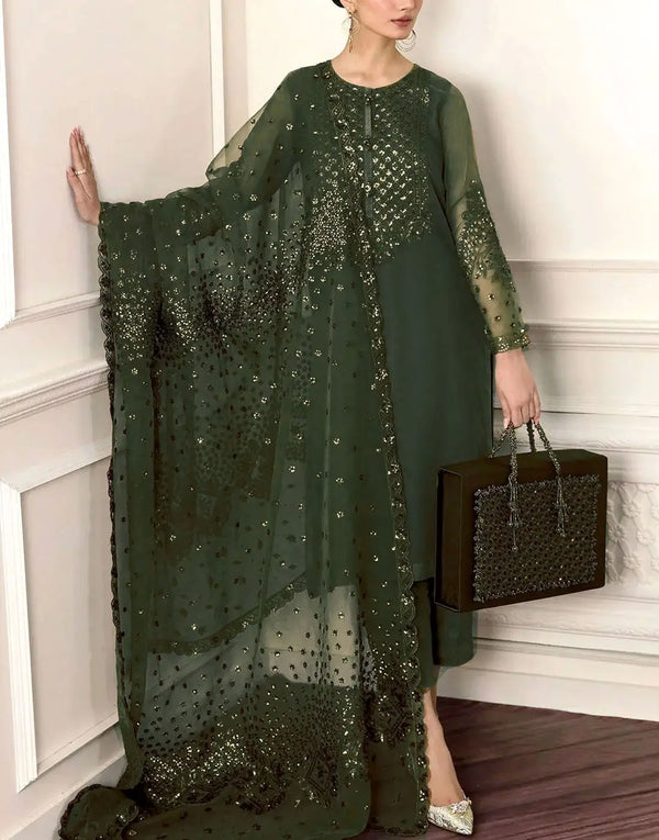 Graceful Heavy Embroidered Bottle Green Chiffon Wedding Dress with Handwork & Pearls Neck
