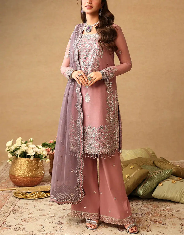 Fancy Embroidered Tea Pink Chiffon Wedding Dress Design with Hand Embellishments