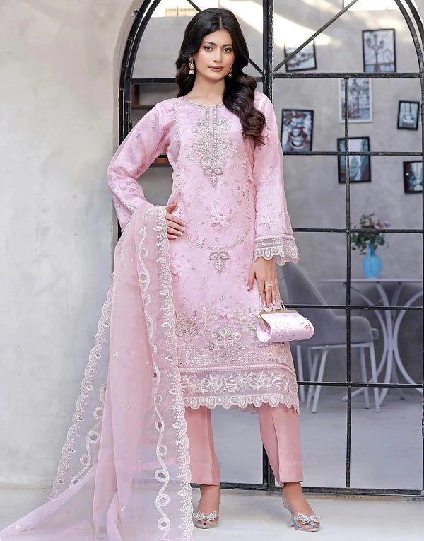 Naaira Semi-Stitched Embroidered Pink Organza Party Dress with Complimentary Clutch Bag