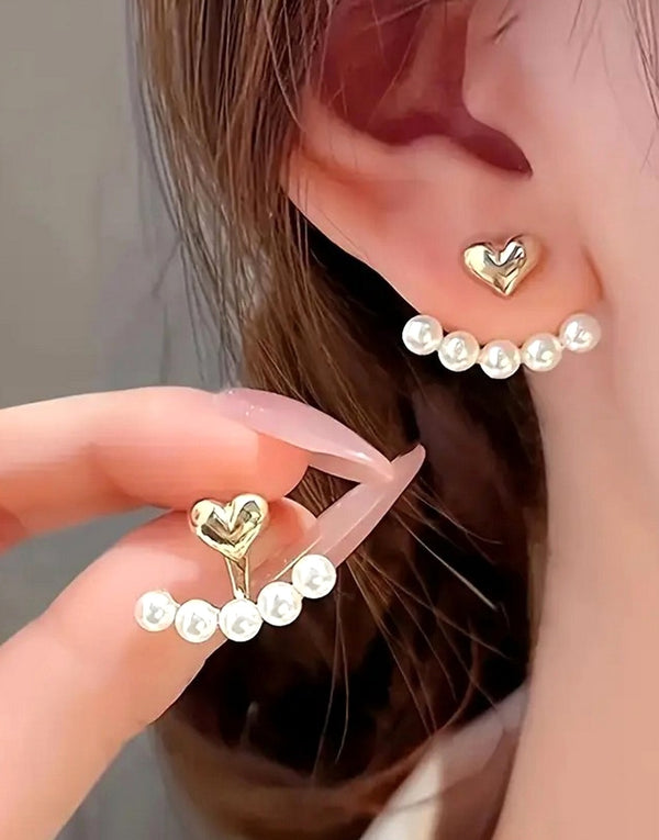 Vintage Faux Pearls & Decor Heart Stud Earrings for Ladies
