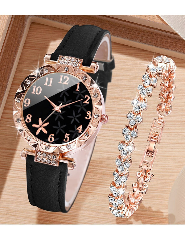 2-Piece Petal Design Dial Quartz Wristwatch with Bracelet Gift Set for Girls
